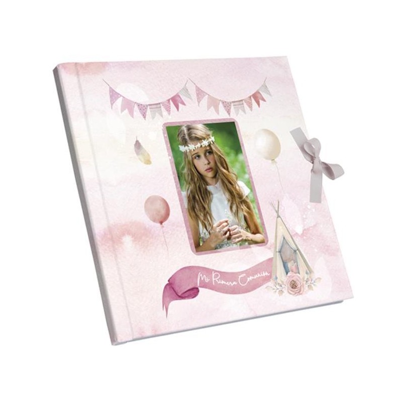 Livro de comunhão rosa para foto com fechamento de laço