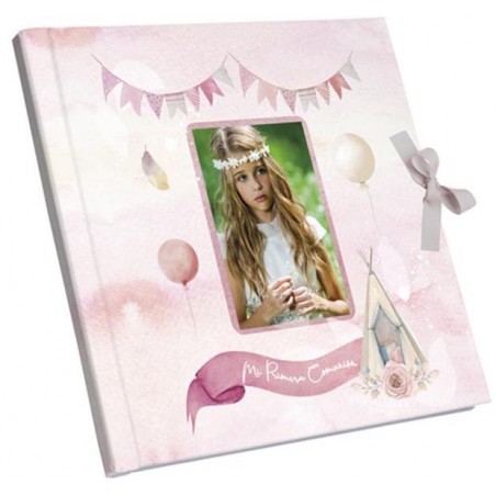 Livro de comunhão rosa para fotos com fecho de laço