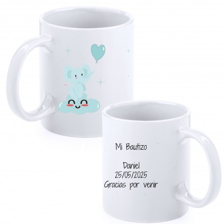 Caneca de batismo elefante celeste personalizada com nome, data e dedicatória