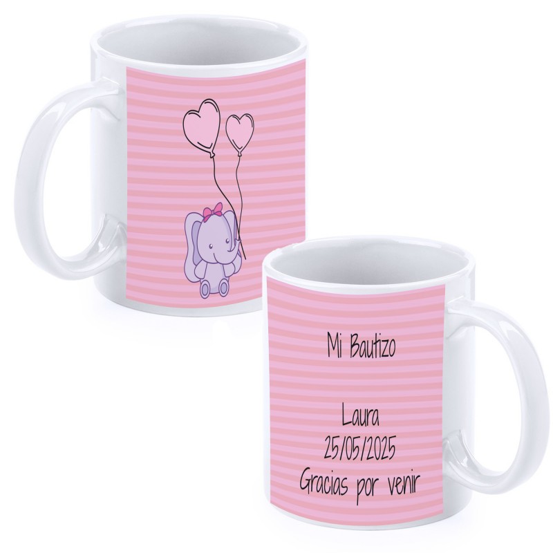 Caneca de batizado personalizada elefante rosa com nome, data e dedicatória