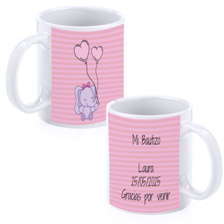 Caneca de batizado personalizada elefante rosa com nome, data e dedicatória