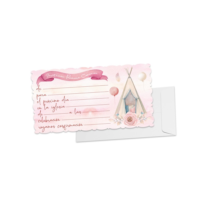 Pacote de 10 convites de comunhão rosa com rosa