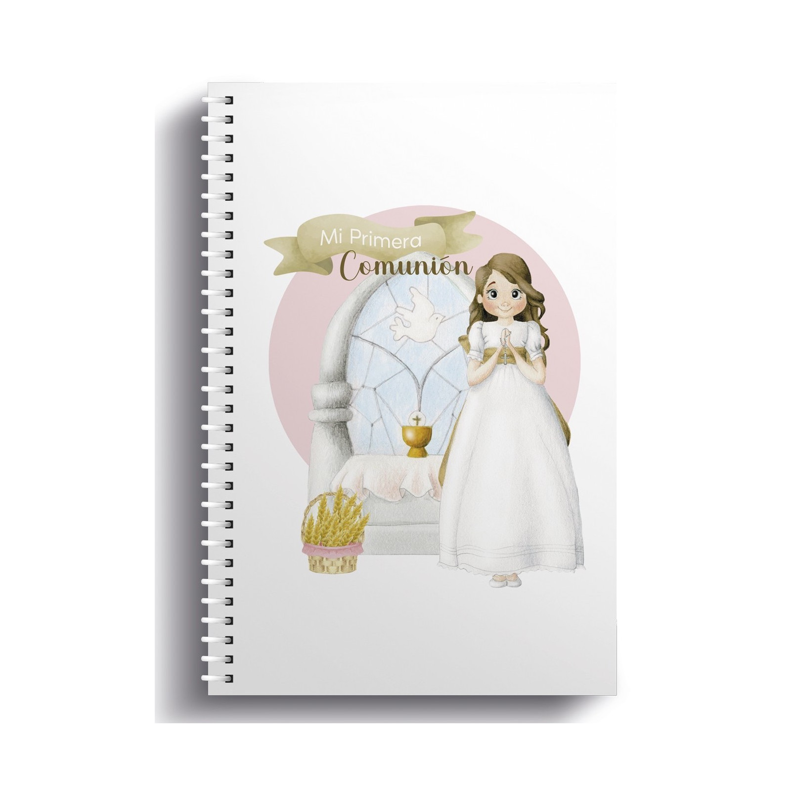 Caderno de anéis pequena menina comunhão no altar