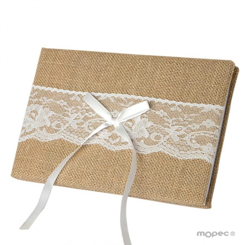 Livro de assinaturas com juta e renda em caixa de presente 25x16cm.(74pág) em caixa de presente