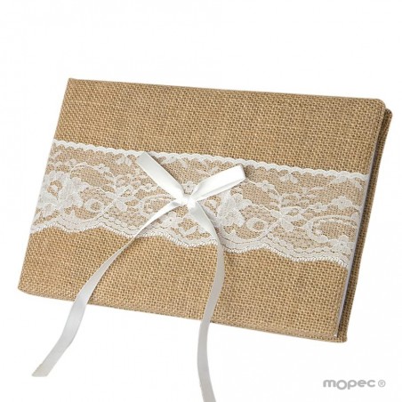 Livro de assinaturas com juta e renda em caixa de presente 25x16cm.(74pág) em caixa de presente