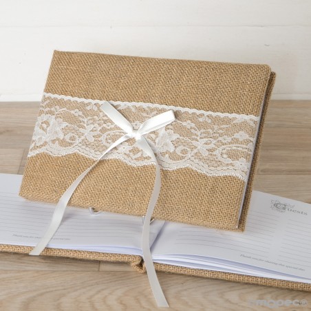 Livro de assinaturas com juta e renda em caixa de presente 25x16cm.(74pág) em caixa de presente