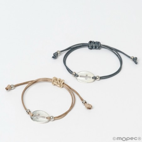 Pulseira de cruz metálica com cordão efeito couro cinza/bege