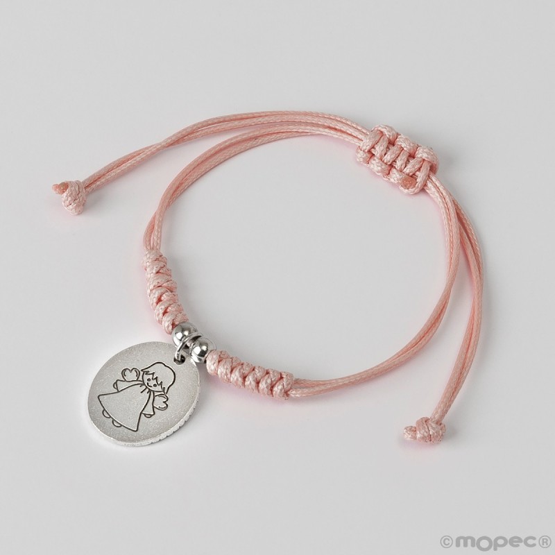 Pulseira de cordão rosa com medalha de anjo da guarda