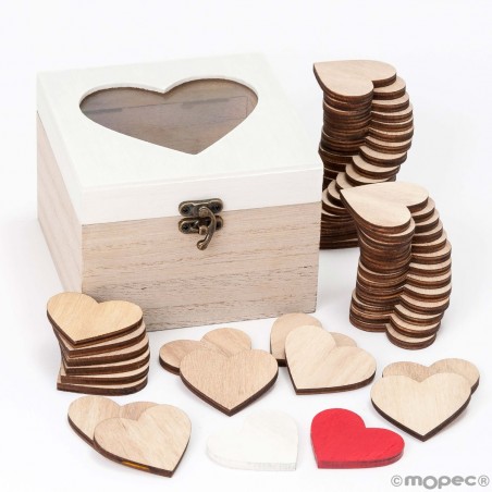 Caixa de madeira personalizável com 48 corações para assinaturas