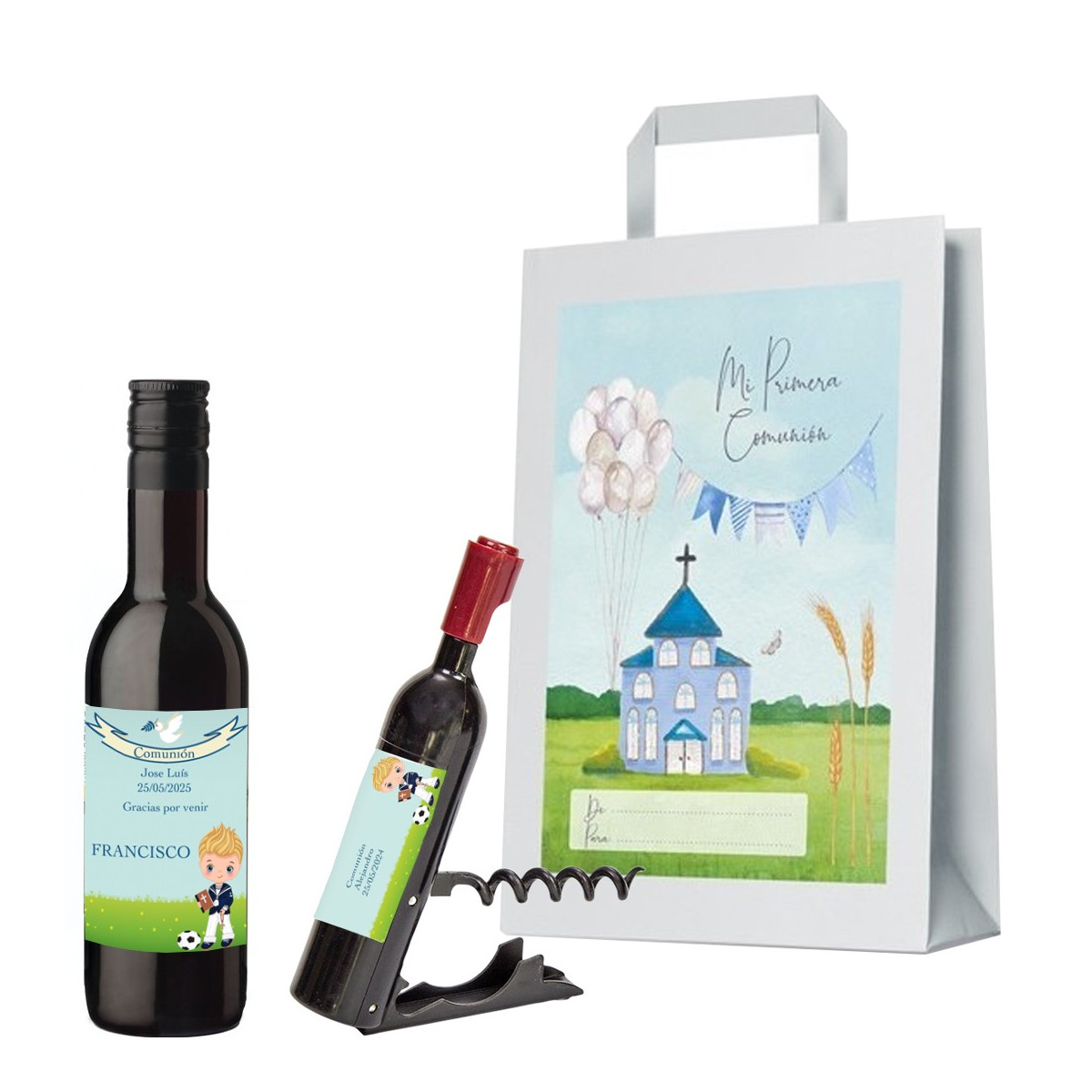 Garrafas de vinho para a comunhão e saca-rolhas personalizados com o nome do convidado, nome da criança e data em bolsa de