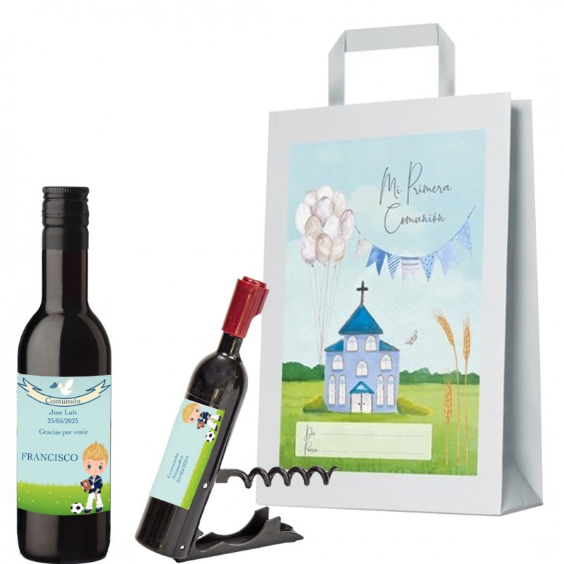 Garrafas de vinho para a comunhão e saca-rolhas personalizados com o nome do convidado, nome da criança e data em bolsa de