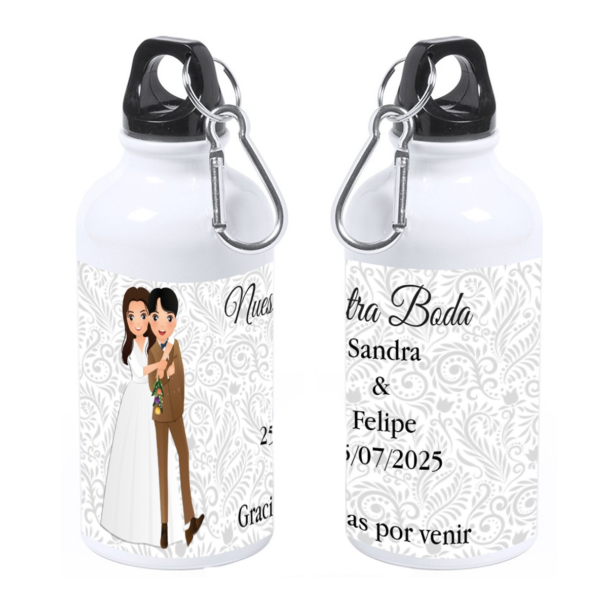 Botelha personalizada com o nome do convidado ou frase de agradecimento, nome dos noivos e data do casamento.