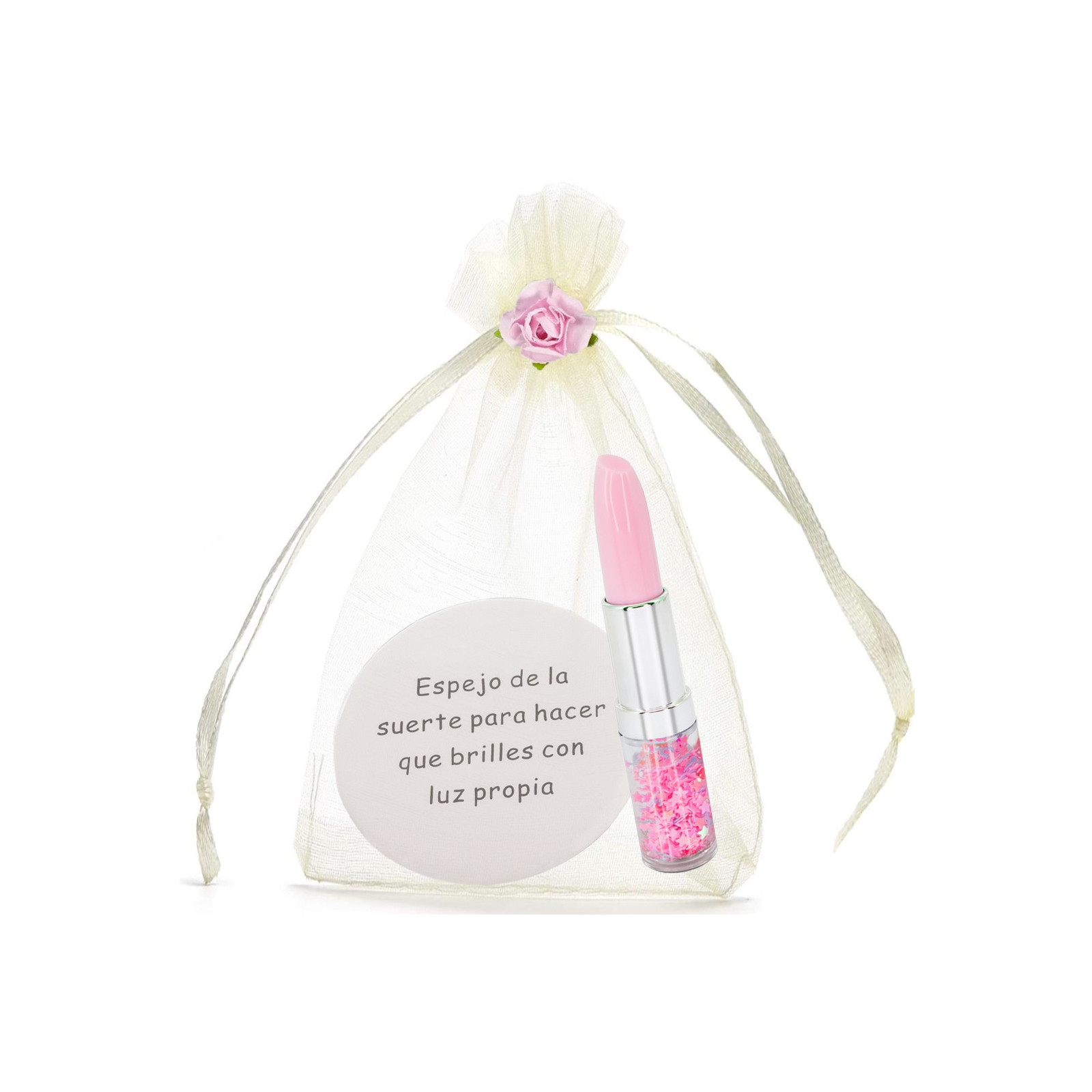 Espelho com frase e caneta batom com confete apresentado em bolsa de organza