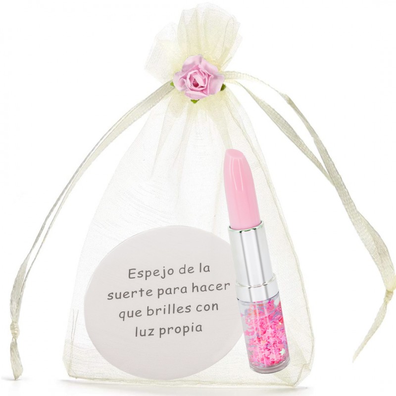 Espelho com frase e caneta batom com confete apresentado em bolsa de organza