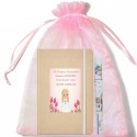 Caderno personalizado com nome da convidada e caneta em bolsa de organza