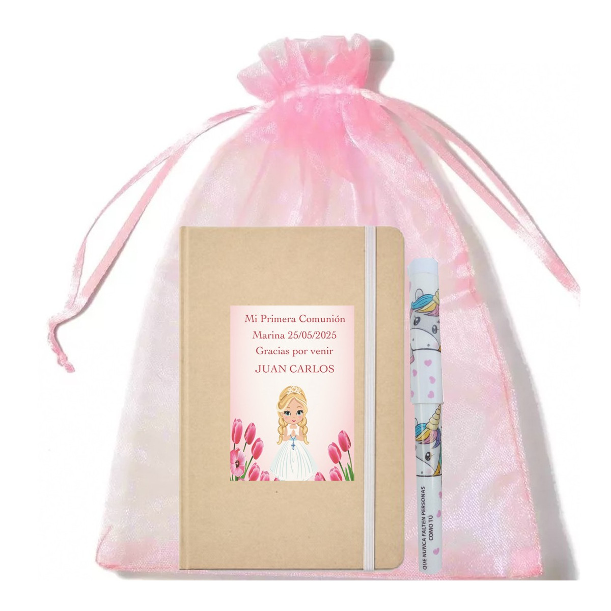 Caderno personalizado com nome da convidada e caneta em bolsa de organza
