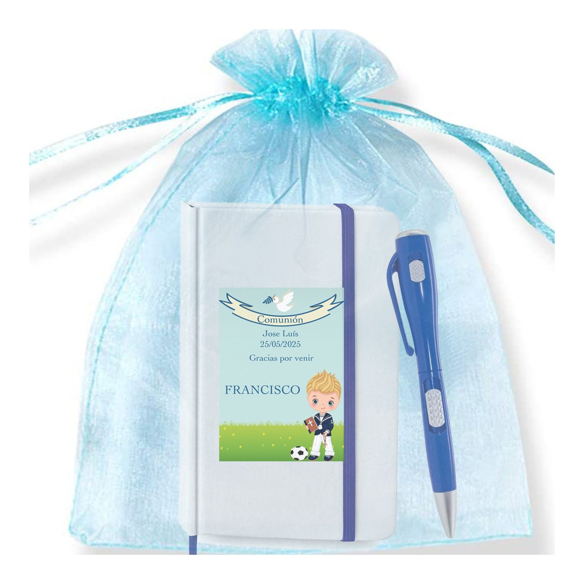 Caderno personalizado com nome do convidado e caneta lanterna em saquinho de organza