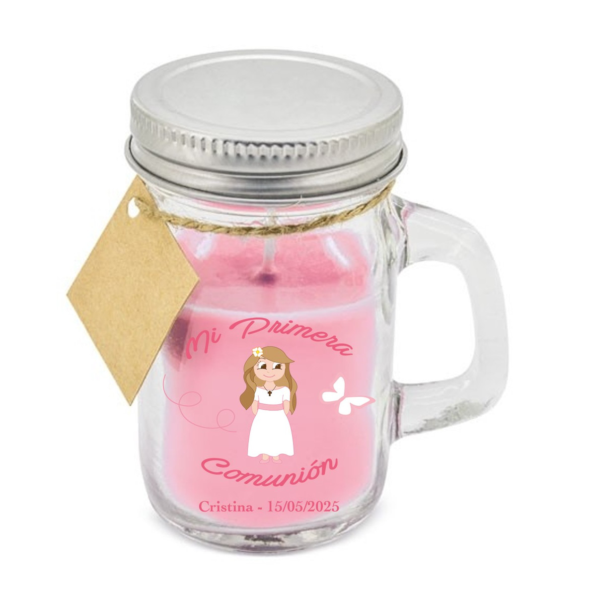 Vela perfumada personalizada com adesivo para comunhão de menina com nome e data