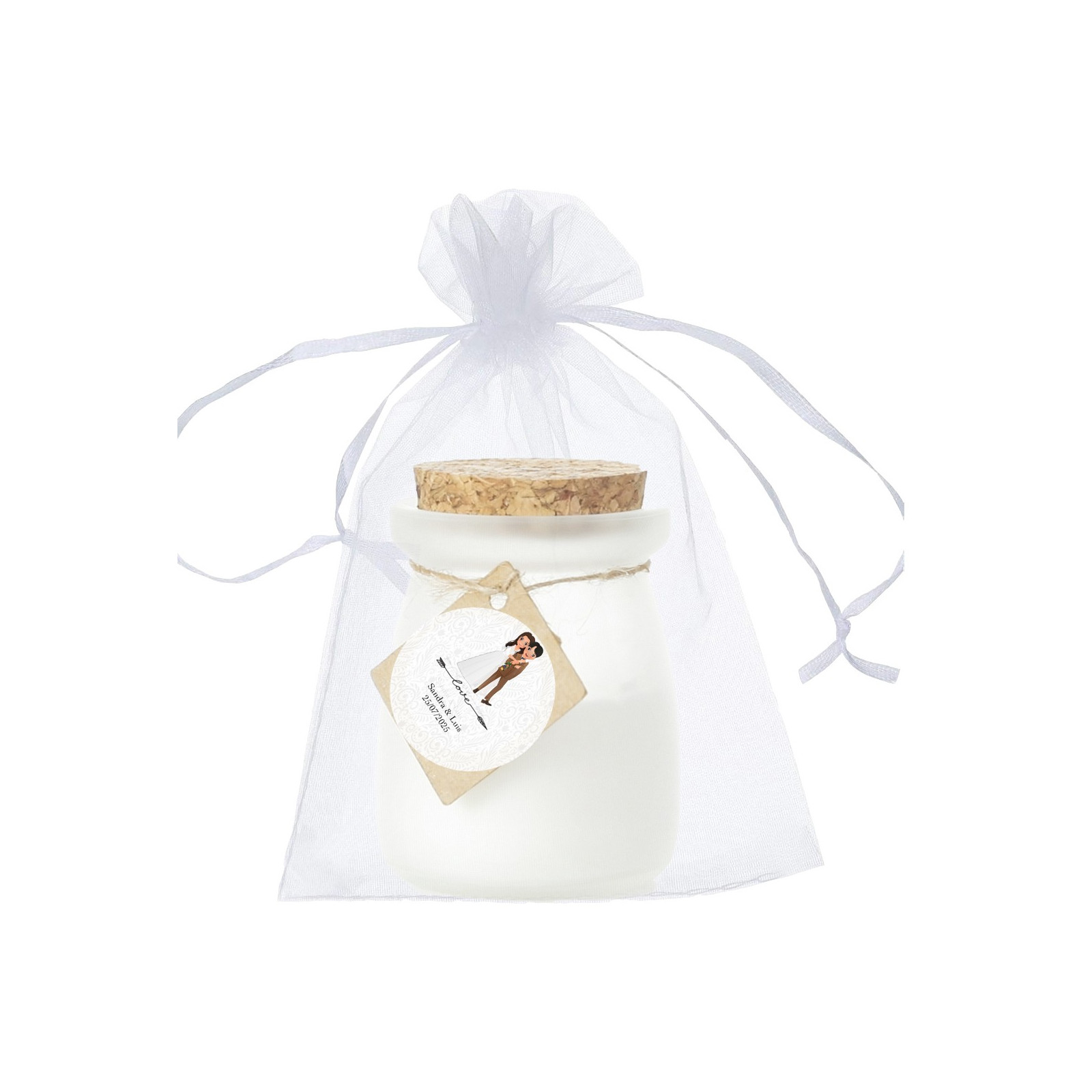 Vela aromática de baunilha personalizada com adesivo dos noivos em bolsa de organza branca