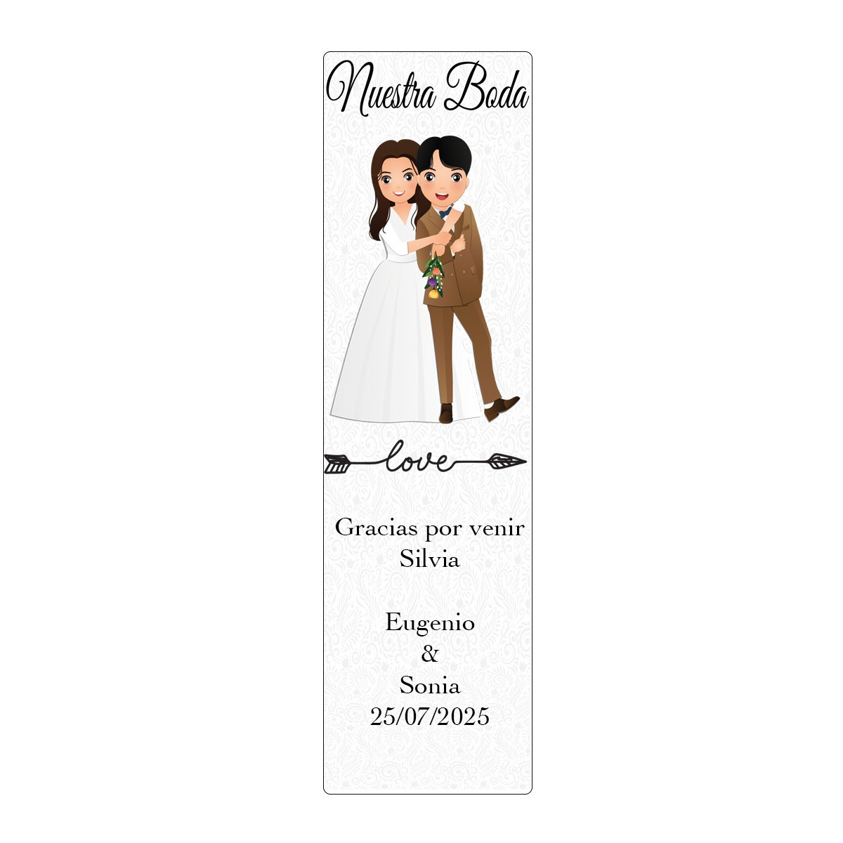 Marcador de página de casamento personalizado com nome do convidado, frase, nome dos noivos e data