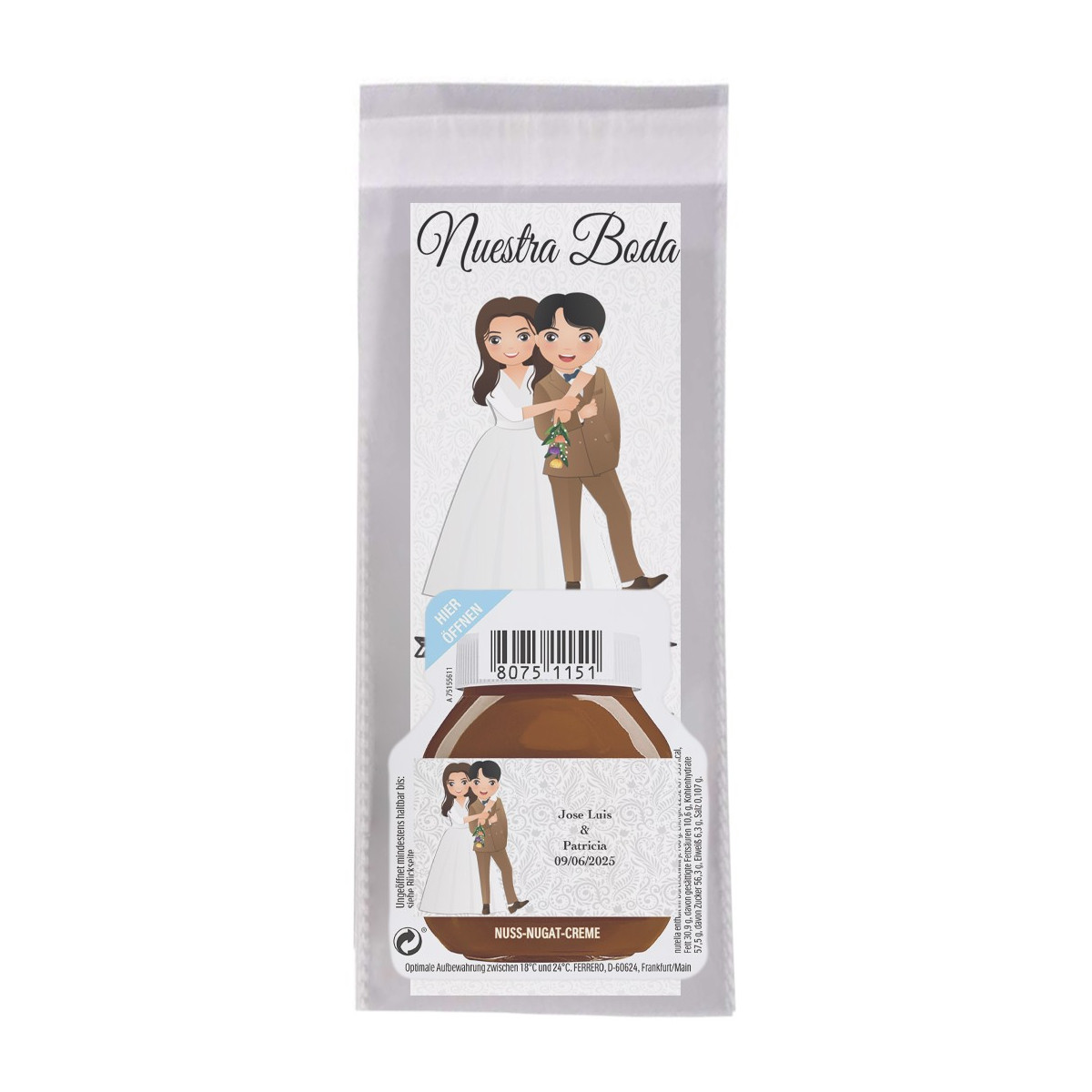 Marcador de página com nome do convidado e frase de agradecimento com mini nutella personalizada com nome dos noivos