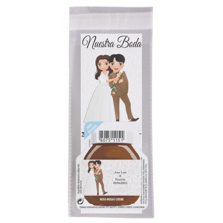 Marcador de página com nome do convidado e frase de agradecimento com mini nutella personalizada com nome dos noivos