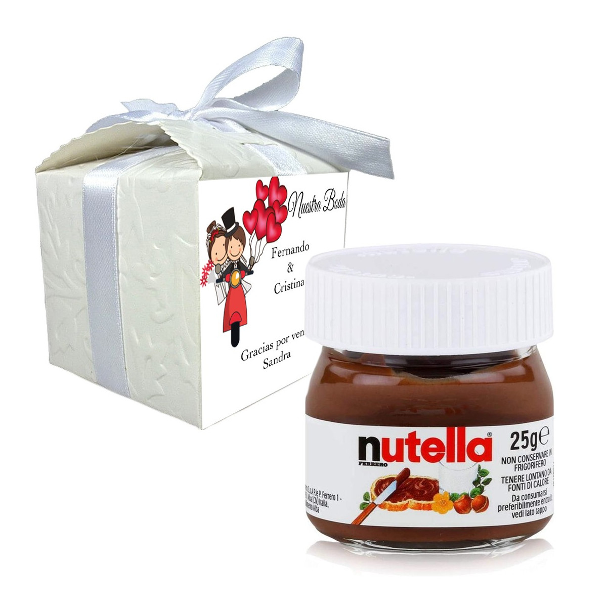 Nutella em uma caixa de presente personalizada com nome do convidado e frase de agradecimento