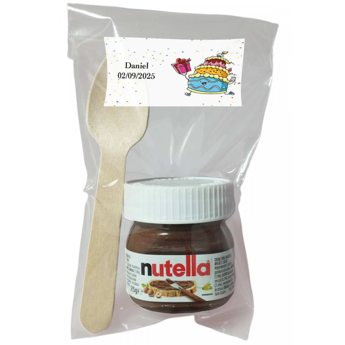 Nutella para aniversário com colher em bolsa transparente personalizada com adesivo