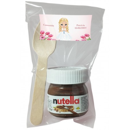 Nutella com colher em bolsa transparente personalizada com adesivo de comunhão de menina
