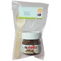 Nutella para comunhão de menino com colher em bolsa transparente personalizada com adesivo