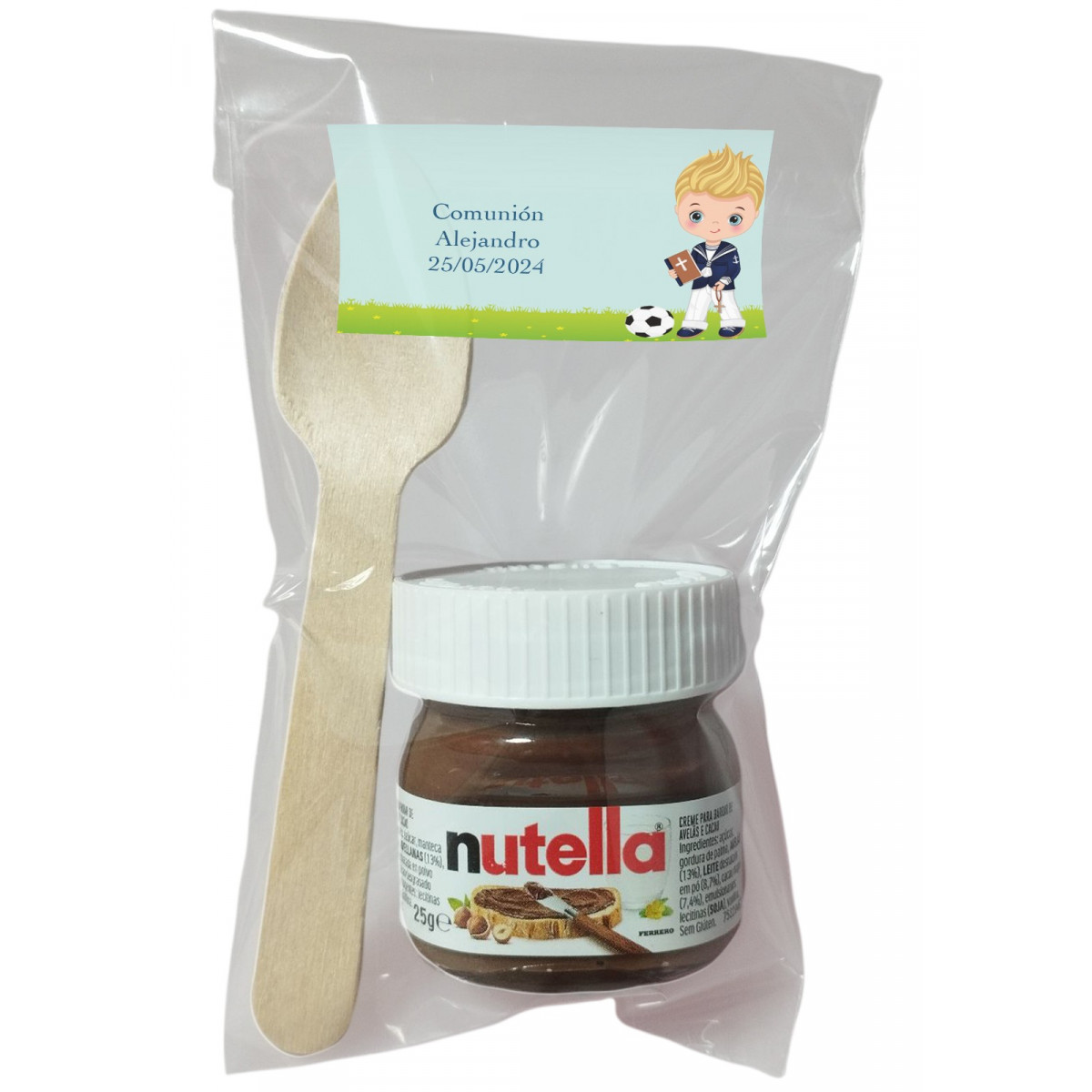 Nutella para comunhão criança com colher em bolsa transparente personalizada com adesivo