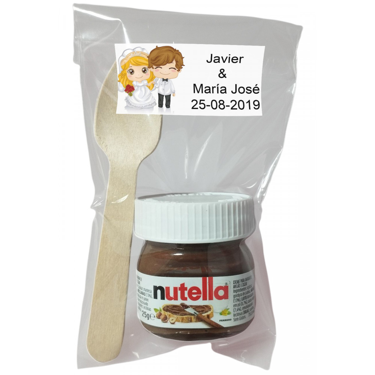 Casamento nutella com colher em bolsa transparente personalizada com adesivo