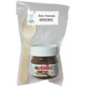 Nutella para batizado com colher em bolsa transparente personalizada com adesivo de elefante azul
