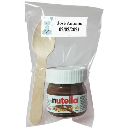 Nutella para batismo com colher em saquinho transparente personalizado com adesivo elefante azul