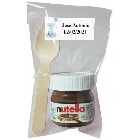 Nutella para batizado com colher em bolsa transparente personalizada com adesivo de elefante azul