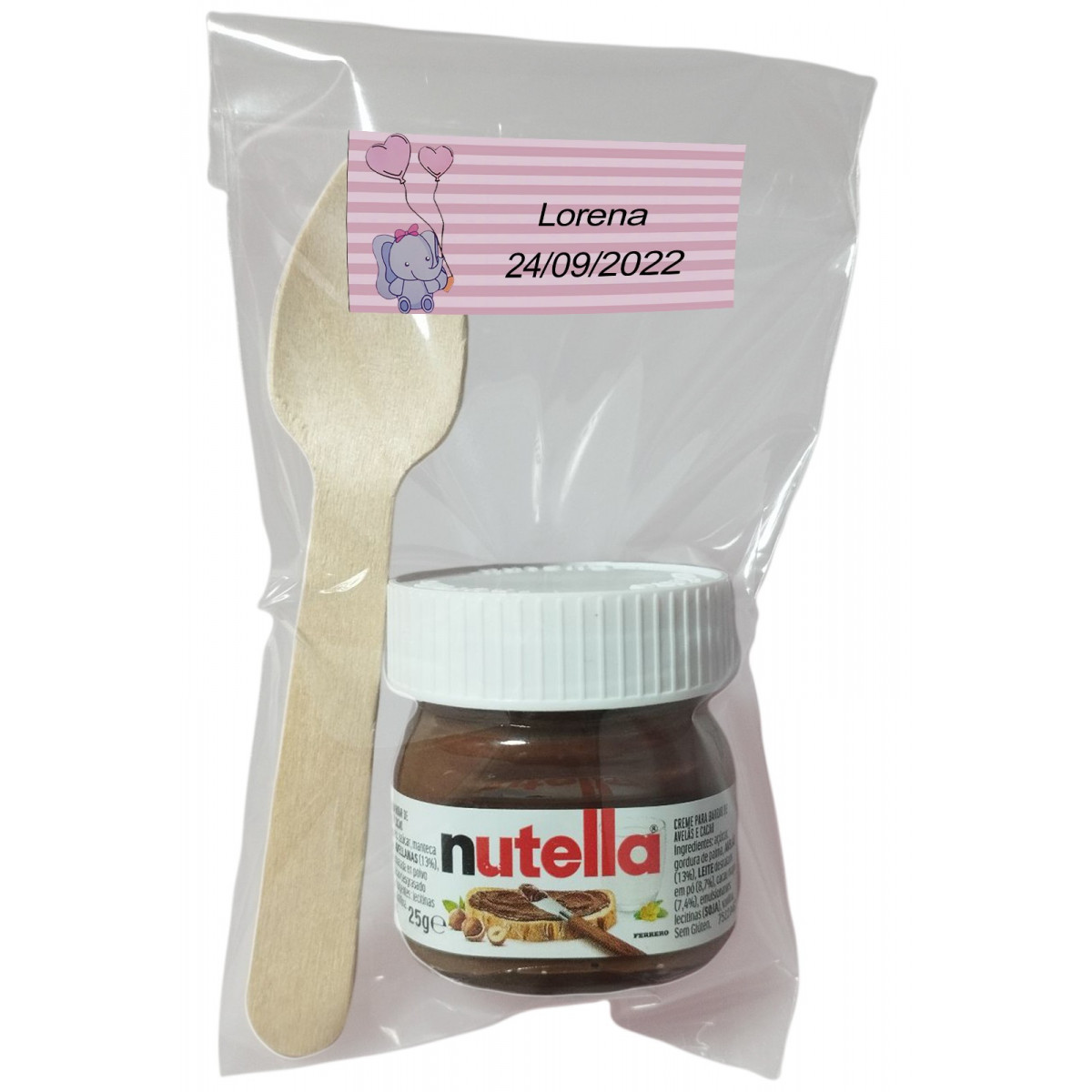 Nutella para batizado com colher em bolsa transparente personalizada com adesivo de elefante rosa