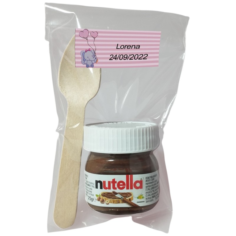 Nutella para batizado com colher em bolsa transparente personalizada com adesivo de elefante rosa