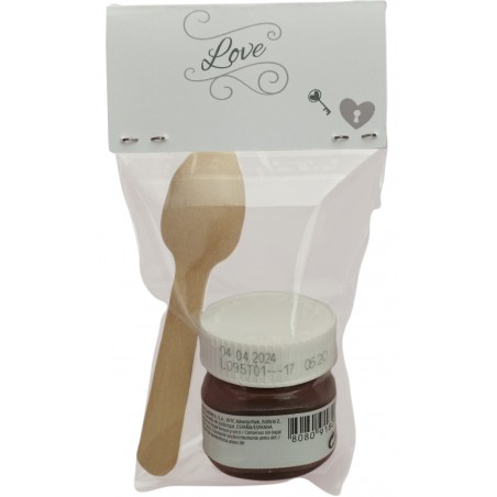 Nutella com colher apresentada em saquinho transparente com cartão de amor personalizado