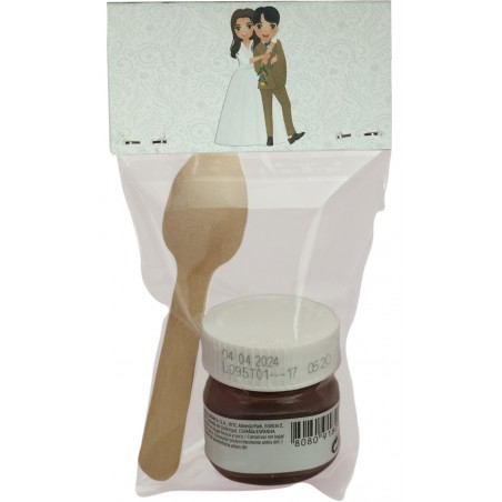 Nutella com colher apresentada em bolsa transparente com cartão personalizado
