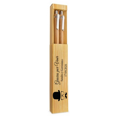 Conjunto de canetas esferográficas e lapiseiras bamboo personalizadas com nome e data