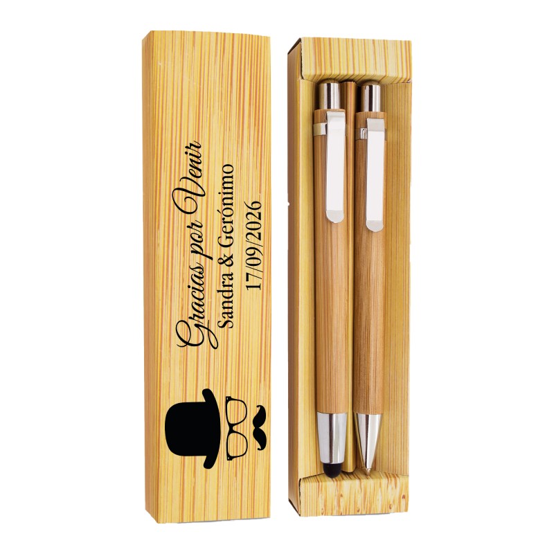 Conjunto de caneta e lapiseira de bambu personalizados com nome e data