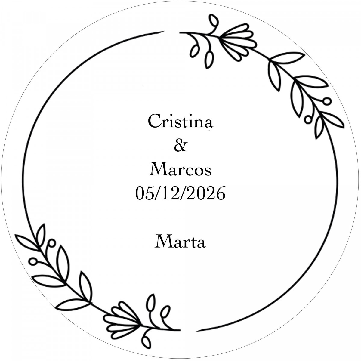 Adesivo redondo personalizado com o nome dos convidados e dos noivos
