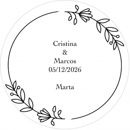 Adesivo redondo personalizado com o nome dos convidados e dos noivos