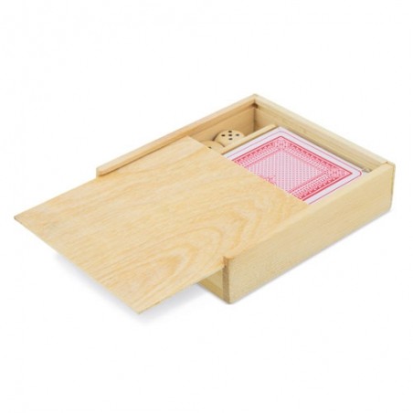 Baralho de cartas e dados em caixa de madeira