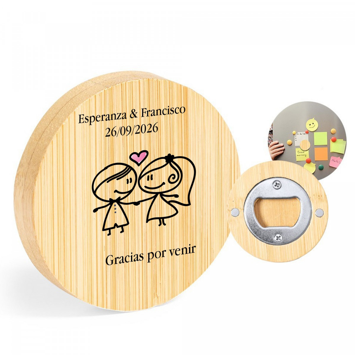 Abridor personalizado com os nomes dos noivos e uma frase de agradecimento para casamentos