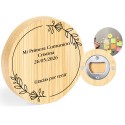 Abridor de garrafas personalizado com os nomes dos noivos e uma frase de agradecimento para lembrancinhas de casamento,