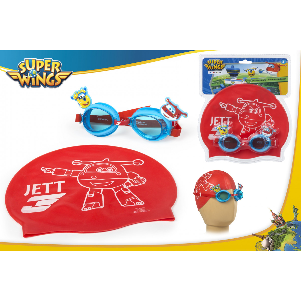 Óculos Super Wings com touca de banho infantil