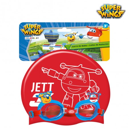 Óculos Super Wings com touca de banho infantil