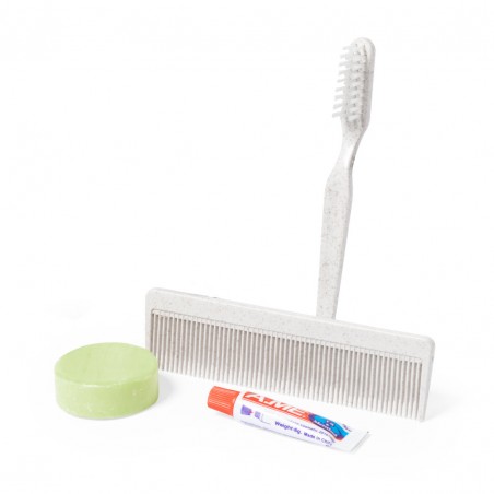 Conjunto de higiene com escova e pasta de dentes sabonete e pente apresentado em caixa kraft
