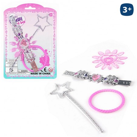 Varinha, pulseiras e unhas. Conjunto de acessórios de beleza para meninas.